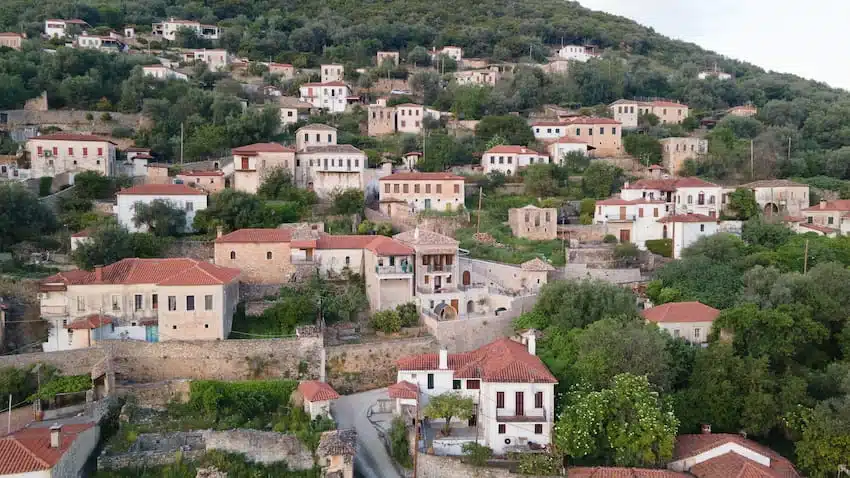Aerial view of the stone village of Foiniki, Thesprotia