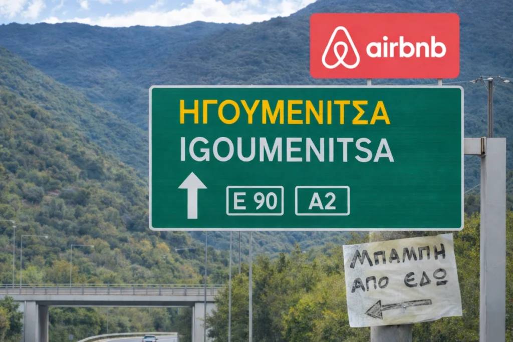 Green motorway sign pointing to Igoumenitsa with an Airbnb logo above it