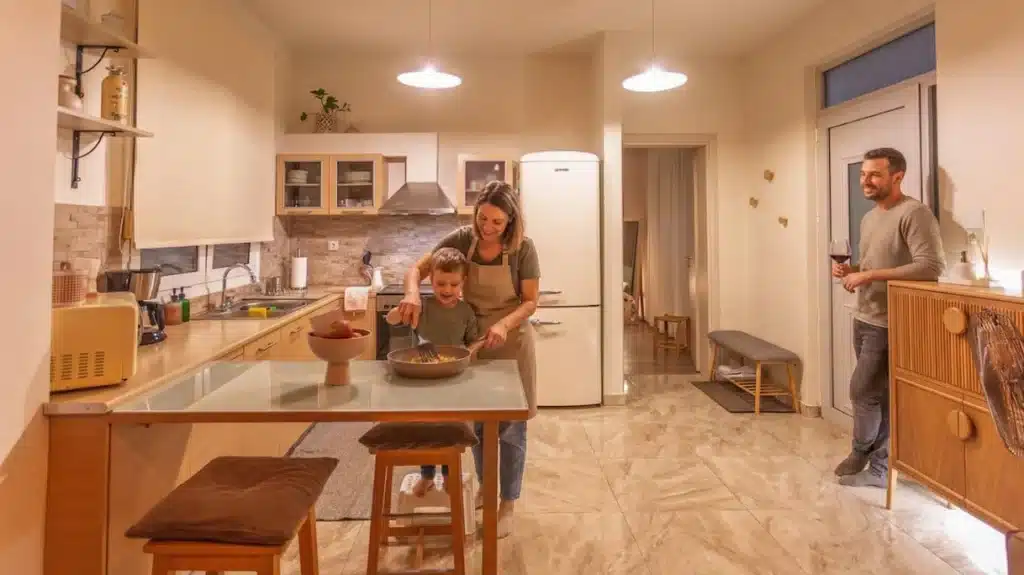 Kitchen with wooden cabinets, a counter with stools and two people in the background