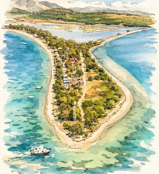 Illustrated view of a green peninsula surrounded by turquoise water, with a small boat
