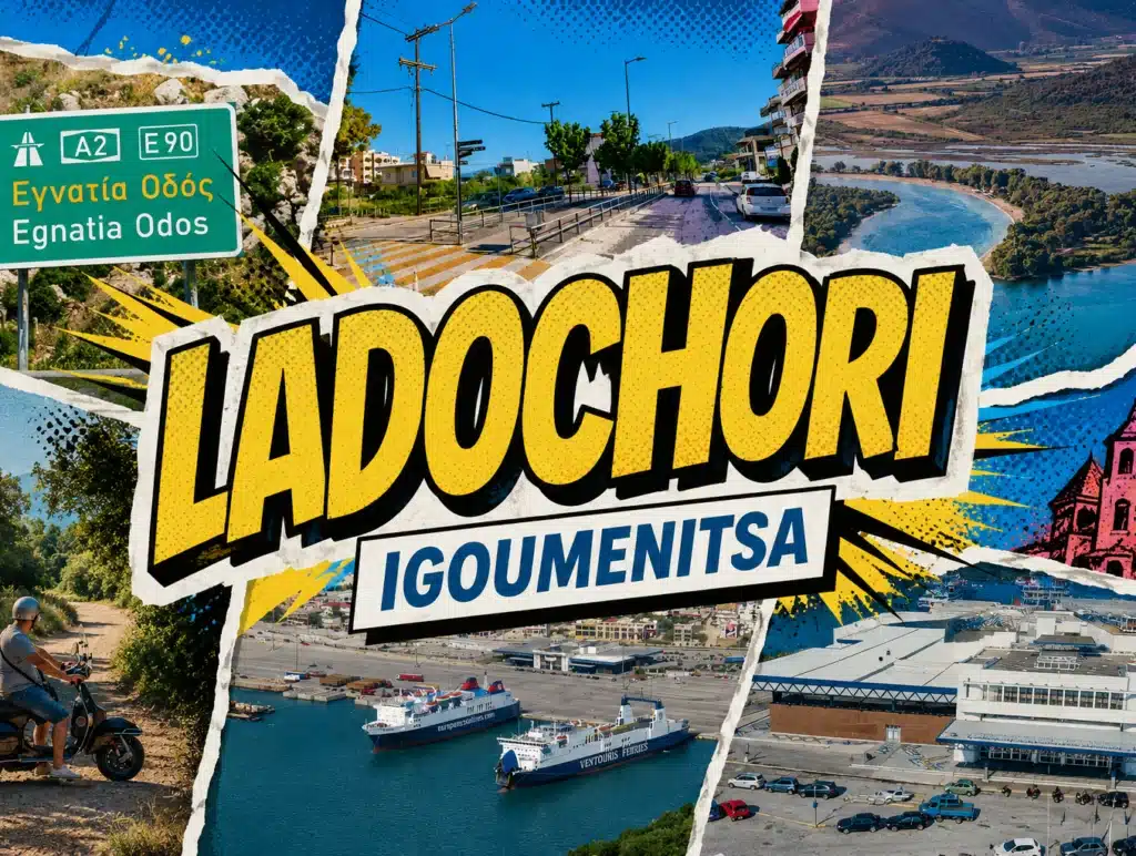 Collage graphic with the text Ladochori Igoumenitsa, showing a road sign and boats in a harbour