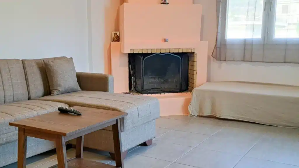 Living room with a sofa, a wooden coffee table and a fireplace