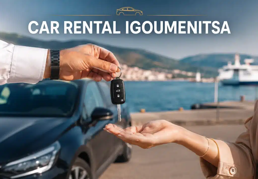 car rental Igoumenitsa port handing over car keys near sea harbor Greece