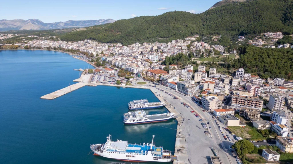 Igoumenitsa port Greece aerial view with ferries to Corfu and Italy, Ionian Sea harbor travel guide
