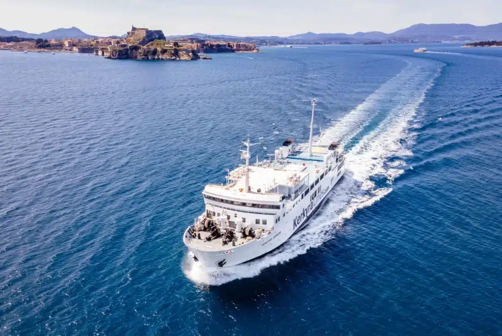 Igoumenitsa to Corfu ferry route with Kerkyra Lines – travel concept image of boat in Ionian Sea Greece