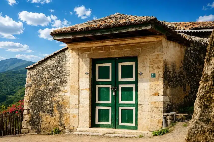 Architectural detail of a classic stone mansion entrance in Foiniki Thesprotias