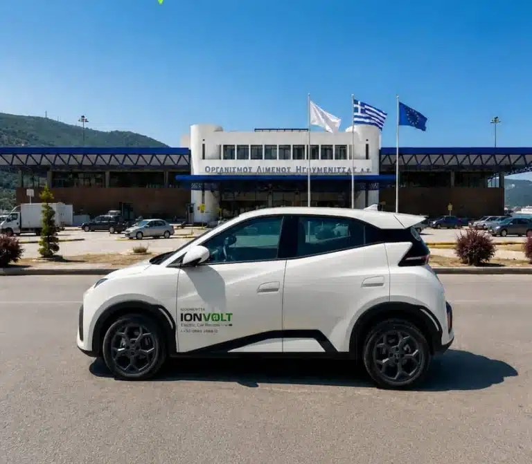 IONVOLT electric rental car in front of the Port of Igoumenitsa, Greece