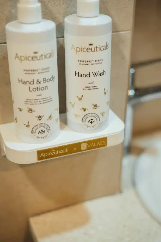 Local hand & body toiletries in a suite bathroom, Valaes Guesthouse, Foiniki