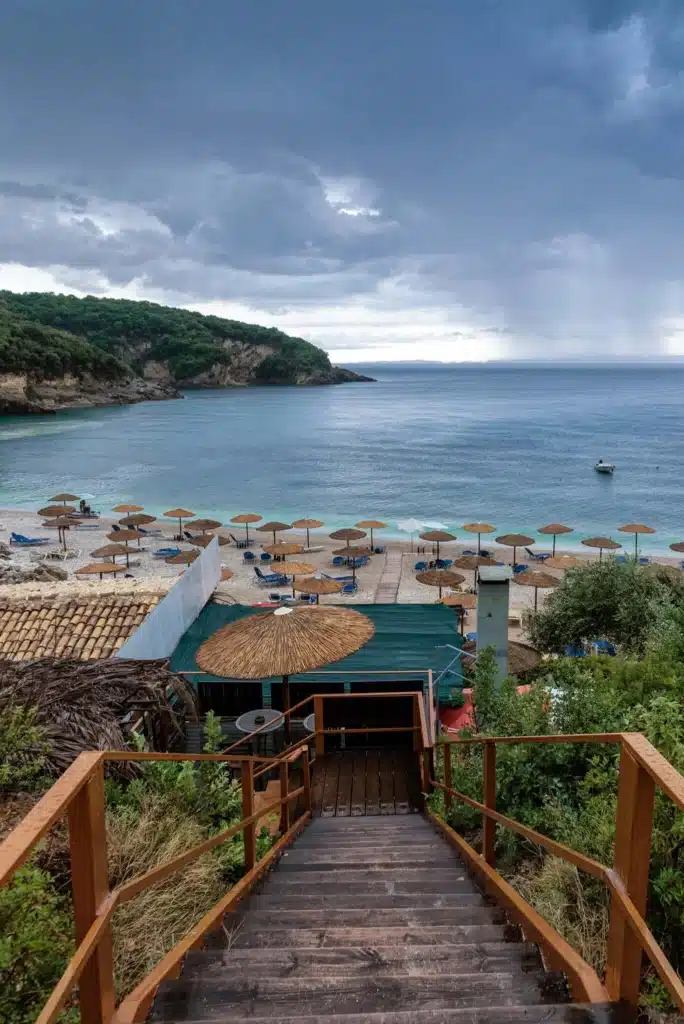 Mega Drafi Beach in Sivota Greece with crystal clear turquoise waters sandy shoreline and wild natural landscape near Perdika Thesprotia Ionian Sea popular summer beach close to Parga Epirus