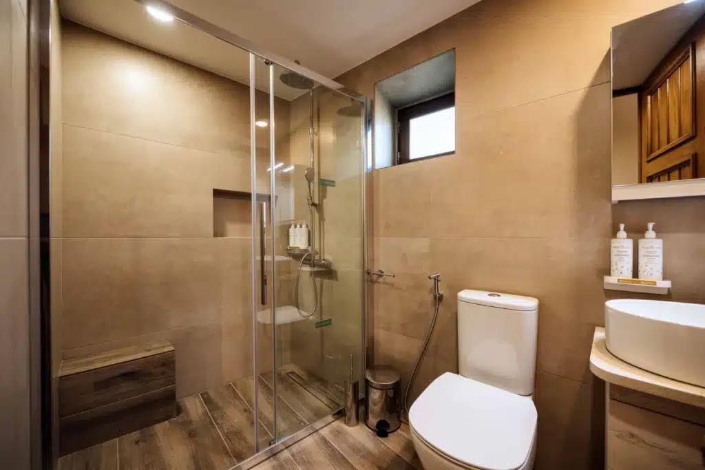 Modern grey bathroom with a walk-in shower, Valaes Guesthouse, Foiniki