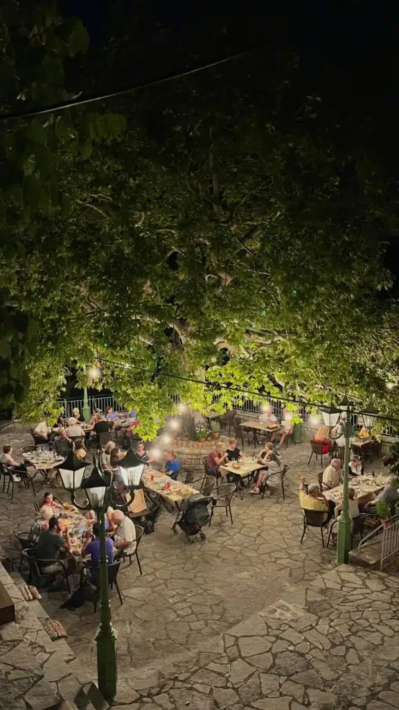 Outdoor dining under the trees at Lontza Tavern Foiniki village – hidden food gem in Thesprotia Greece