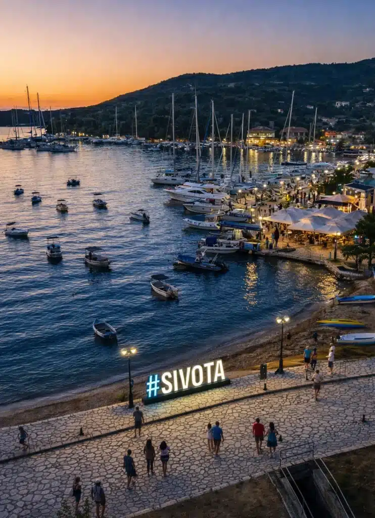 Sivota marina night Greece luxury yachts harbor and seaside restaurants Epirus