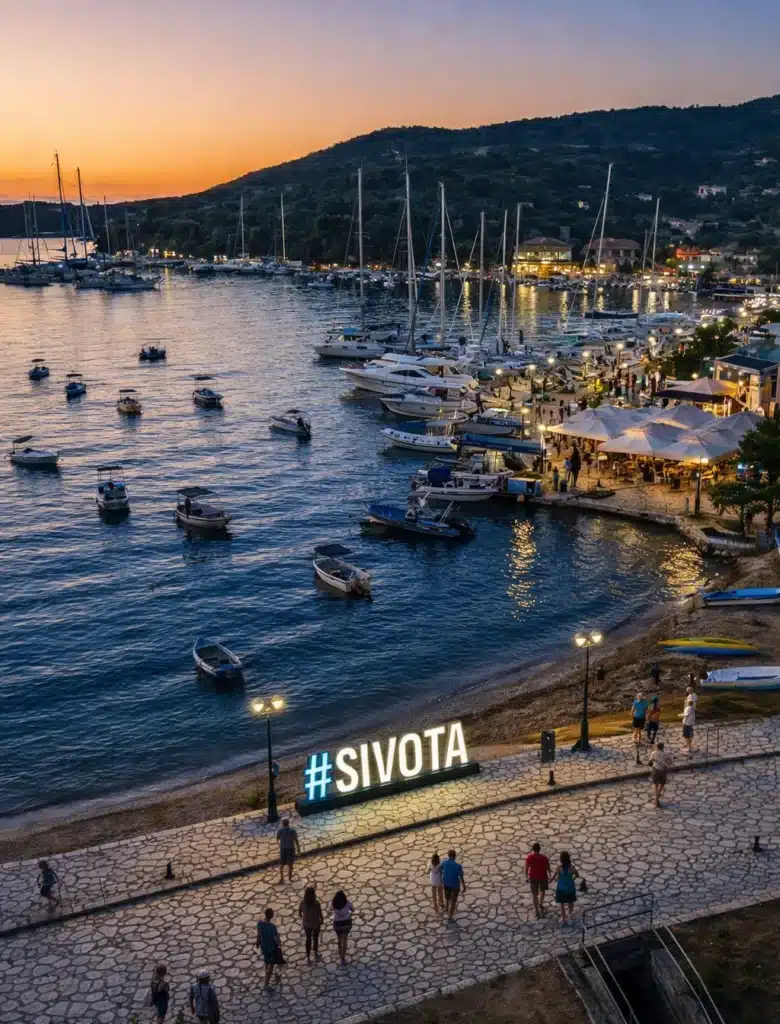 Sivota Hafen bei Sonnenuntergang – Boote und Marina am Ionischen Meer, Thesprotia, Griechenland