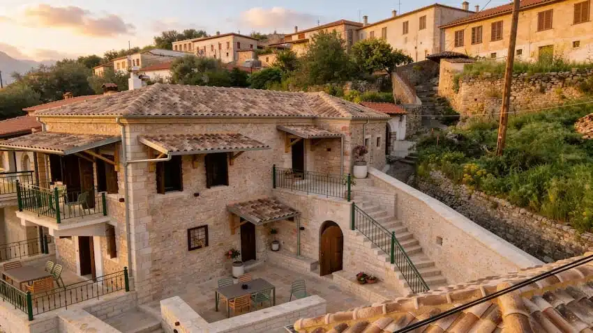 Stone exterior of Valaes Guesthouse with courtyard and mountain views, Foiniki