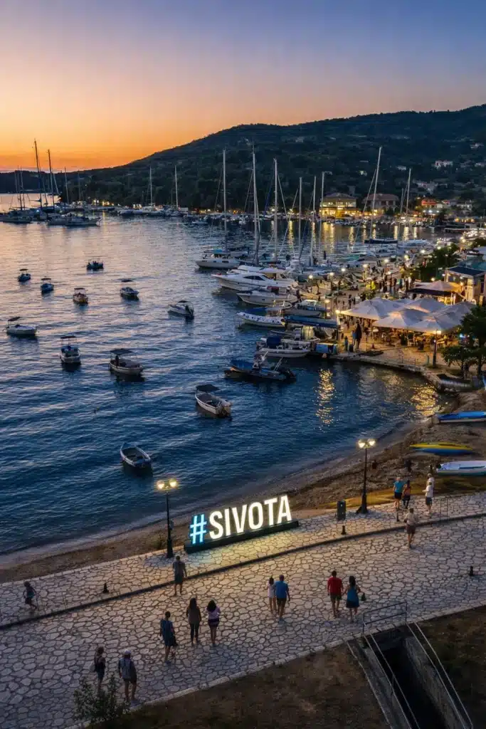 Marina and anchored sailboats in Sivota at sunset, featuring the coastal promenade.