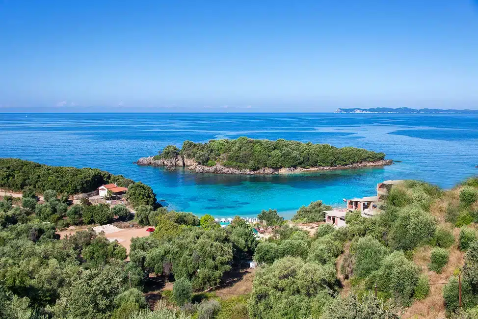 Πράσινο νησάκι σε τιρκουάζ κόλπο, με ελαιόδεντρα στο πρώτο πλάνο