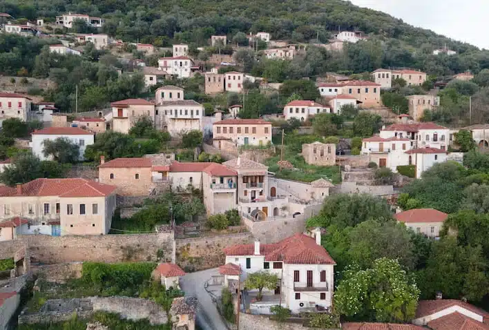 Traditional stone fortress-houses in Foiniki, Thesprotia, overlooking the Filiates plain