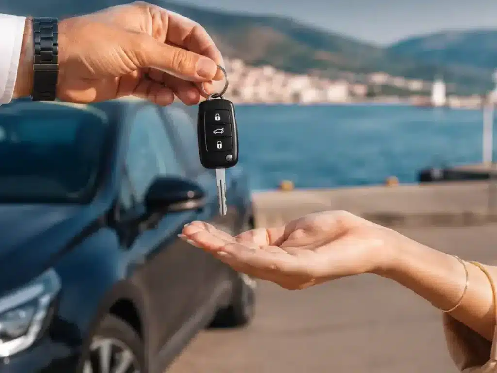 Car keys being handed over in front of a rental car at Igoumenitsa port