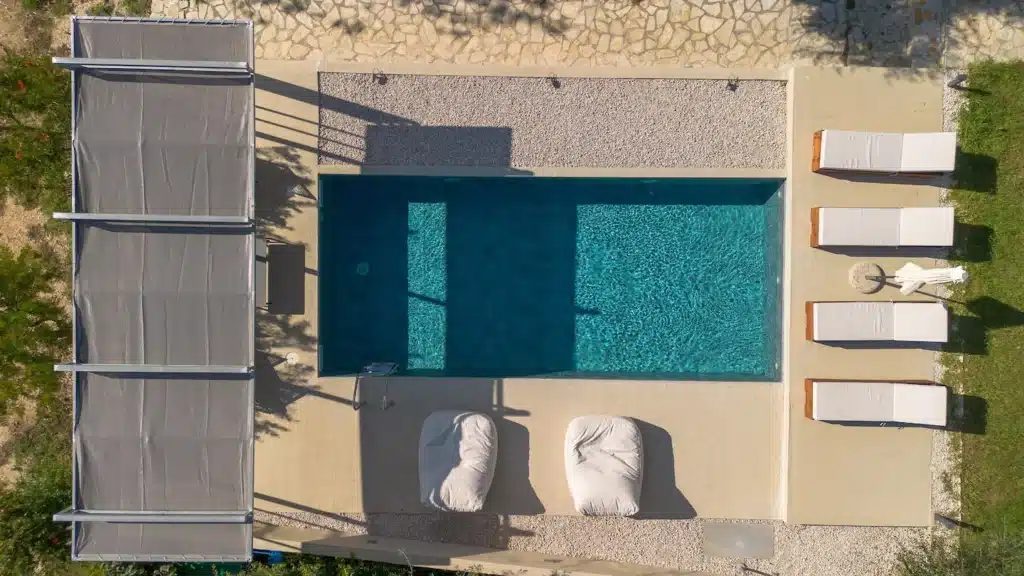Aerial view of the private pool and garden at Casa di campagna