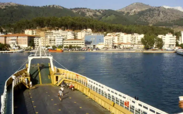 Igoumenitsa waterfront seen from the bow of an arriving ferry